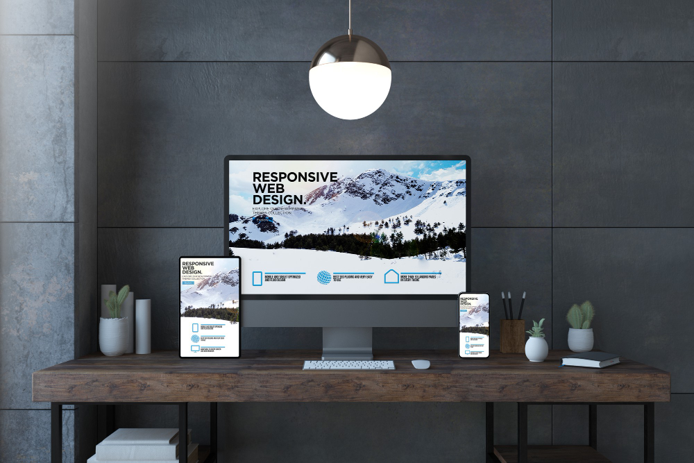 responsive devices on elegant desktop with website 3d rendering